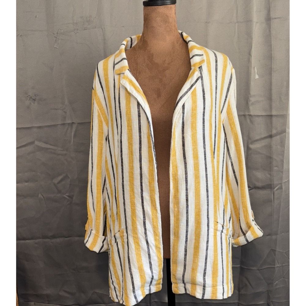 Love Tree Linen Blend Open Jacket/Cardigan Women Size L Stripes 3/4 Sleeves Lite